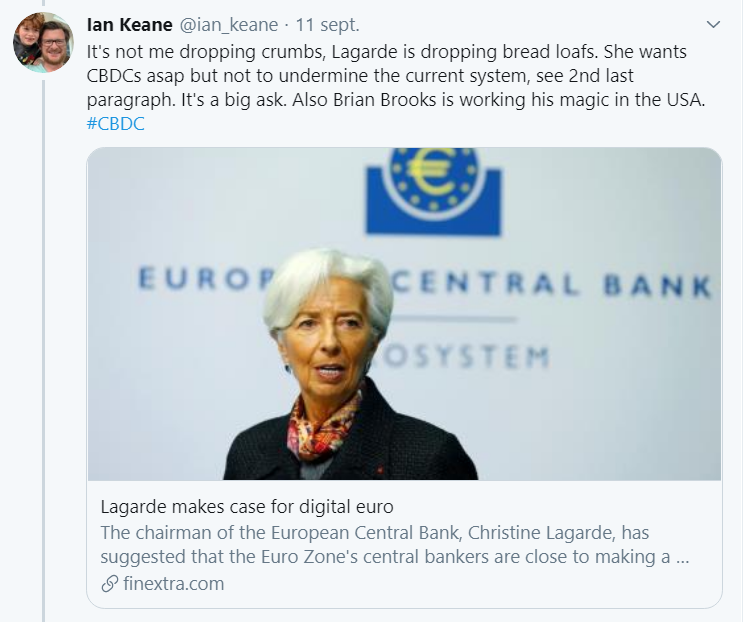 1/N Future banking &  #Chainlink  $LINKLOTS of evidences of central/national banks (USA,EU,China,Switzerland) regarding digitize their currencies (Sources: in thread)This isn't IF but WHENSee bill introduced USA senateSee Lagarde's (Europe) wordsCONTINUES . BEST IS COMING  https://twitter.com/LarryLogical/status/1305499691837206529