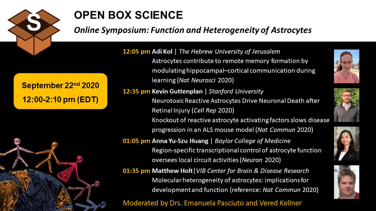 9th <a href="/OpenBoxSci/">Open Box Science</a> Symposium 
📣Function &amp; Heterogeneity of #Astrocytes📣
12-2:10 pm, Sep. 22, 2020 EDT 
📌 <a href="/kol_adi/">Adi Kol</a> <a href="/GoshenInbal/">Inbal Goshen 🎗️</a>  
📌 <a href="/kevinguttenplan/">Kevin Guttenplan</a> @ Aaron Gitler <a href="/LiddelowSA/">Shane Liddelow 🍊</a> 
📌 Anna Huang @ Benjamin Deneen <a href="/CAGTHouston/">Center for Cell and Gene Therapy</a> 
📌 Matthew Holt <a href="/CBD_VIB/">VIB-KU Leuven Center for Brain & Disease Research</a> 
👉Zoom:
harvard.zoom.us/j/94487909076?…