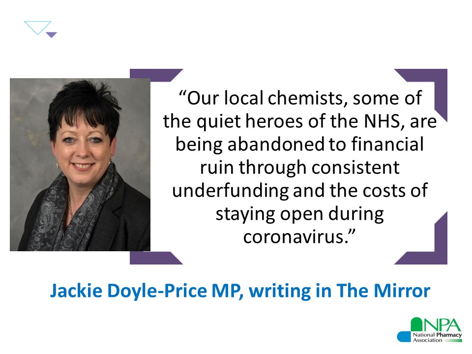 “Our local chemists, some of the quiet heroes of the NHS, are being abandoned to financial ruin through consistent underfunding and the costs of staying open during coronavirus.” says <a href="/JackieDP/">Jackie Doyle-Price</a> writing in <a href="/DailyMirror/">The Mirror</a> #NHSPharmacies #PharmacyHeroes