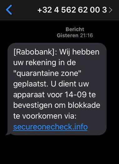 kassa_bnnvara's tweet photo. Pas op: uit naam van @rabobank gaat deze #SMS rond. Online criminelen zijn uit op jouw gegevens en geld. Klik vooral niet door, verwijder het nepbericht. Bekijk het voorbeeld → https://t.co/eVHGa8m6Jm #KassaTV https://t.co/v3hKFP66xs