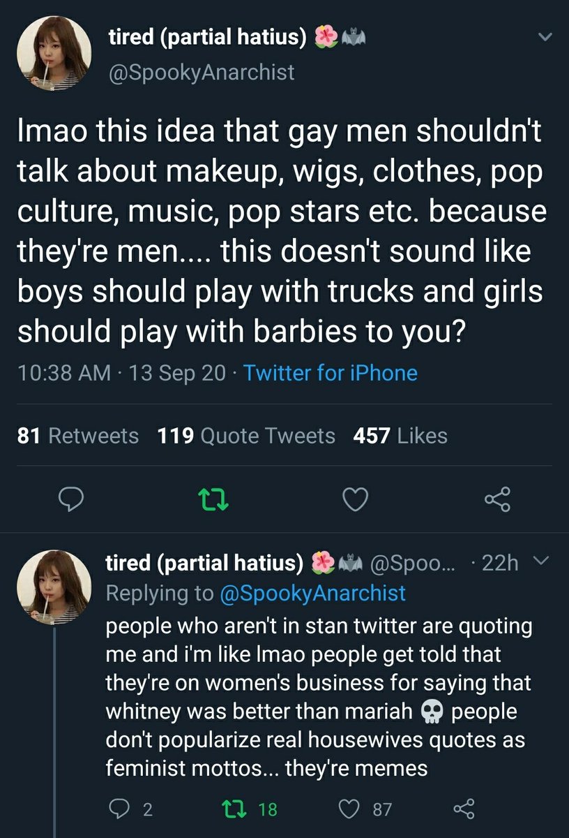 Here, someone else tries to discuss it (particularly how the phrase is used to police gender in ways that are more like its origins than in its new feminist contexts) but is similarly shot down. People are simply unwilling to hear the truth: https://twitter.com/SpookyAnarchist/status/1305153958466539521