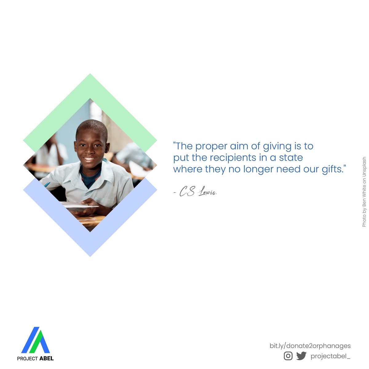 projectabel_'s tweet photo. The proper aim of giving is to put the recipient in a state where they no longer need our gift --- CS Lewis
--
#MondayMotivation
#Projectabel
#mondaythoughts
#charity
#philanthropy https://t.co/EIitL9V1KZ