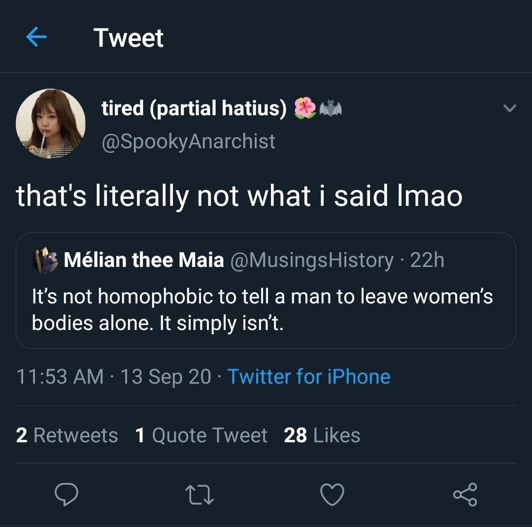 Here is the most common gaslighting tactic. This framing INTENTIONALLY aligns us with misogynists.Again, no one said “It’s homophobic to tell men to leave women’s bodies alone.” We said THE SPECIFIC PHRASE “stay out of women’s business” is problematic: https://twitter.com/SpookyAnarchist/status/1305172804208271360