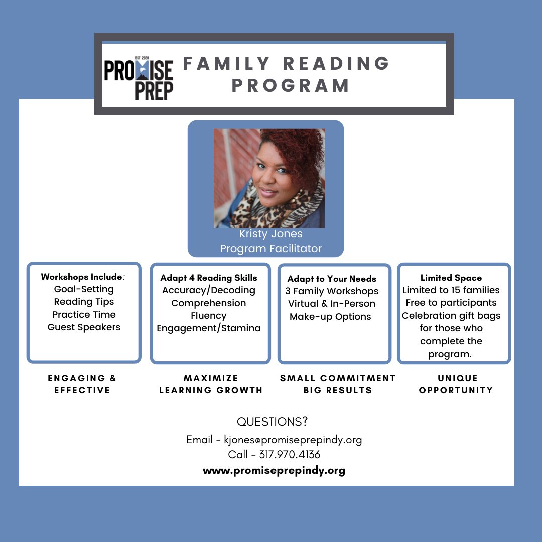 PromisePrepIndy's tweet photo. We have a limited number of spaces available for our Family Reading Program starting 9/21!  By participating in this program, families will have access to reading resources and ongoing support.Sign Up Today! https://t.co/wYUU6ZzWXH 
#PromisePrep #EveryChildHasPromise https://t.co/VYZM370ssc