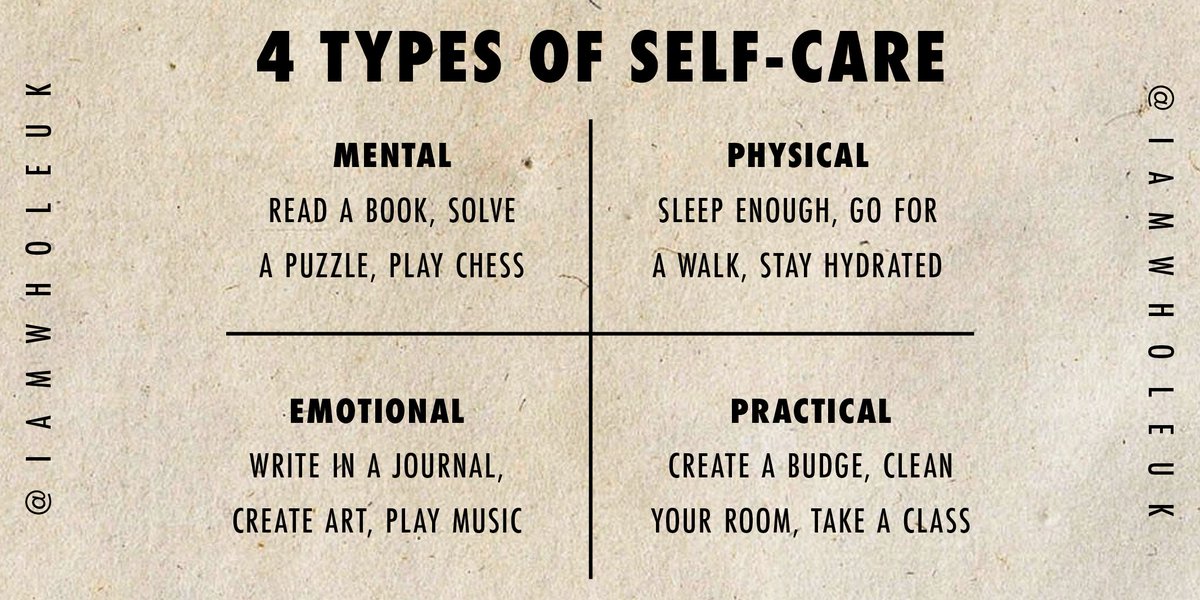 iamwholeuk's tweet photo. No matter how busy life gets, always remember to practice self-care. Here are 4 main categories to keep in mind for a healthier life! #IAMWHOLE https://t.co/Ixf2yaQ582