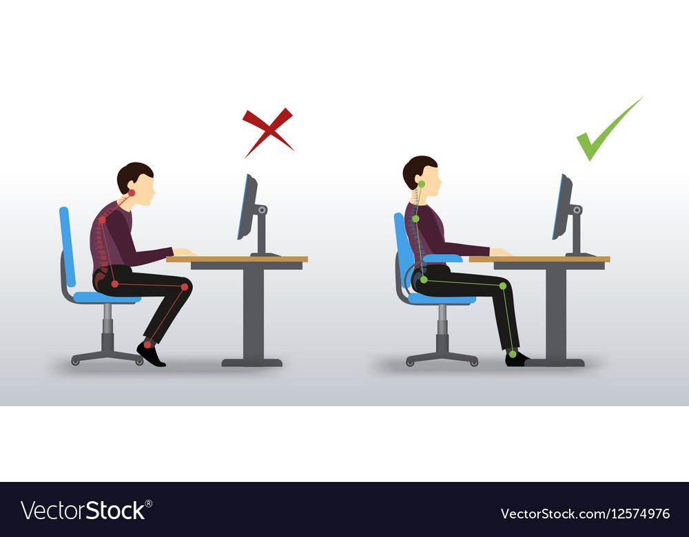 Causes:-Sitting for extended periods of time - Take breaks every 30-60 minutes to stand.-Poor seating arrangement - Keep your computer screen at eye level.-Muscle Memory - Your muscles take the shape they are placed in. Be mindful of your posture and avoid slouching.