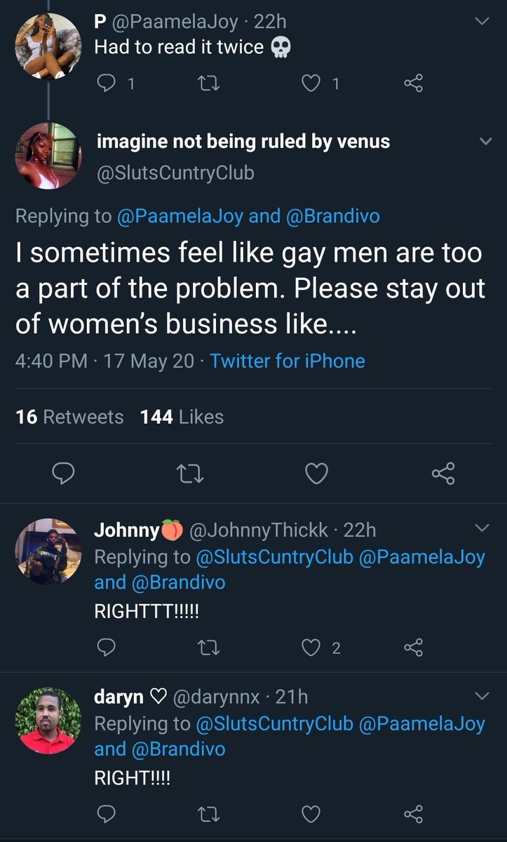 Example of the phrase "stay out of women's business" being used by cis Women in its original violent context against a cis gay man who aided Black Trans Women and gave proper credit to our community. Deliberate misuse of feminism to justify transphobia! https://twitter.com/AdamantxYves/status/1262464411299708928
