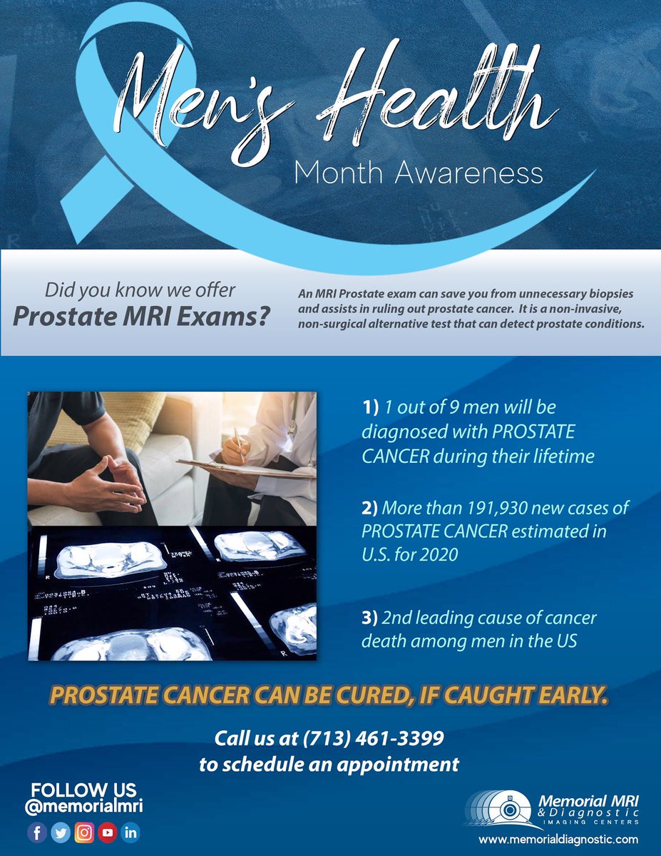 MemorialMRI's tweet photo. Did you know we offer Prostate MRI Exams? September is Men’s Health Awareness Month. Prostate cancer can be cured, if caught early. Visit our website or call us to schedule an appointment. 
.
#prostatecancer #prostatecancerawareness #menshealthawareness #menshealth #prostate https://t.co/z7o6ezJZir