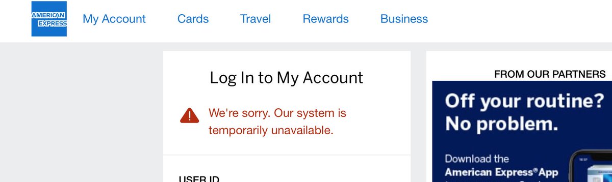 calebfenske's tweet photo. @AskAmex Every other week, something is broken or unavailable on your website. As a UI/UX designer and someone who has bills to pay, this is troubling. I have been getting this for the past 24 hours, app doesn't work either. I've tried connecting with your team to no avail :( https://t.co/g8lowcPaK9