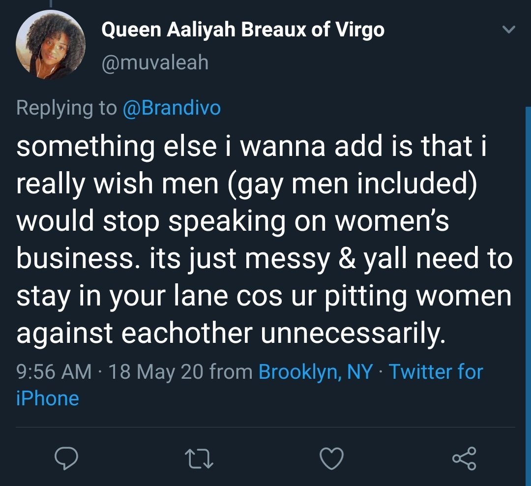 Example of the phrase "stay out of women's business" being used by cis Women in its original violent context against a cis gay man who aided Black Trans Women and gave proper credit to our community. Deliberate misuse of feminism to justify transphobia! https://twitter.com/AdamantxYves/status/1262464411299708928