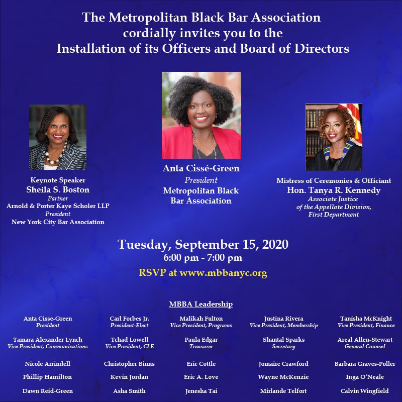 MBBANYC's tweet photo. The @MBBANYC cordially invites you to the Installation of its Officers and Board of Directors on
9/15/20.
RSVP at https://t.co/30gT4tmmF4
Click here for the full post https://t.co/Vol8GaxHfv…
#MBBANYC #MBBALEAP #BLACKLAWYERSMATTER https://t.co/zXFX5qCNIP