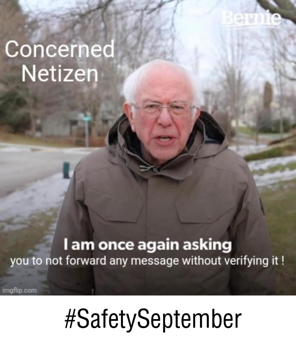 CampaignYolo's tweet photo. Your WhatsApp University degree is of no use!
Fake news and misinformation cause unnecessary panic. Please make sure that you do a fact check before forwarding/sharing any information.
#SafetySeptember #OnlineSafety https://t.co/KTSL2YVLp4