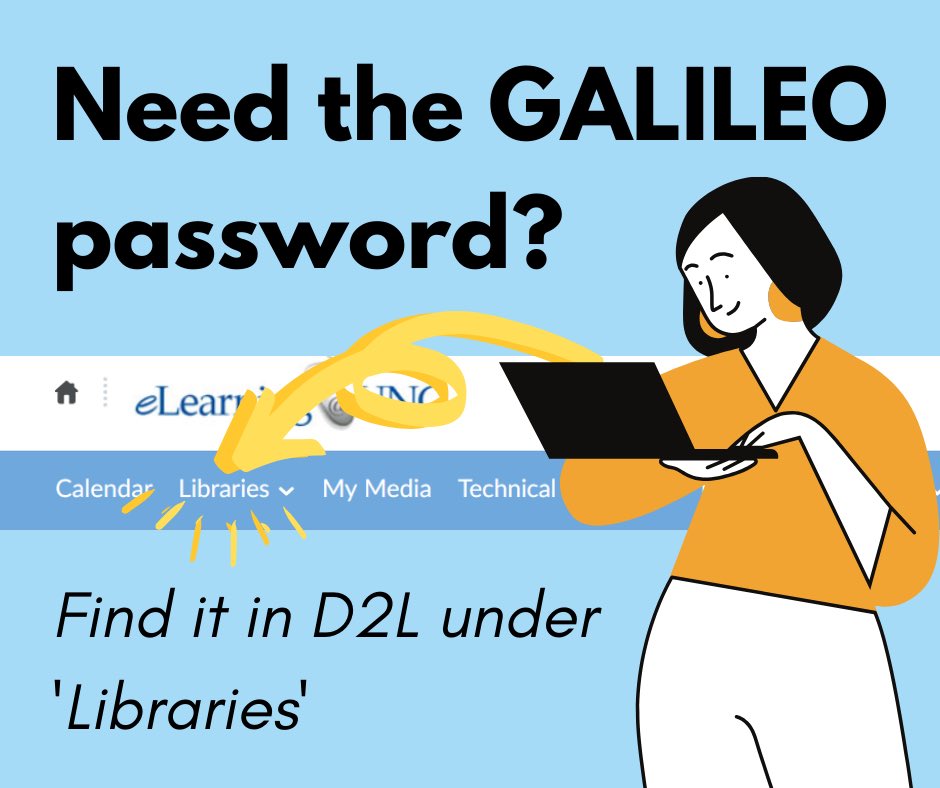 UNGlibraries's tweet photo. Looking for the Galileo password?? You can find it in D2L under the “Libraries” tab! #unglibraries https://t.co/kzHDJTLqF0