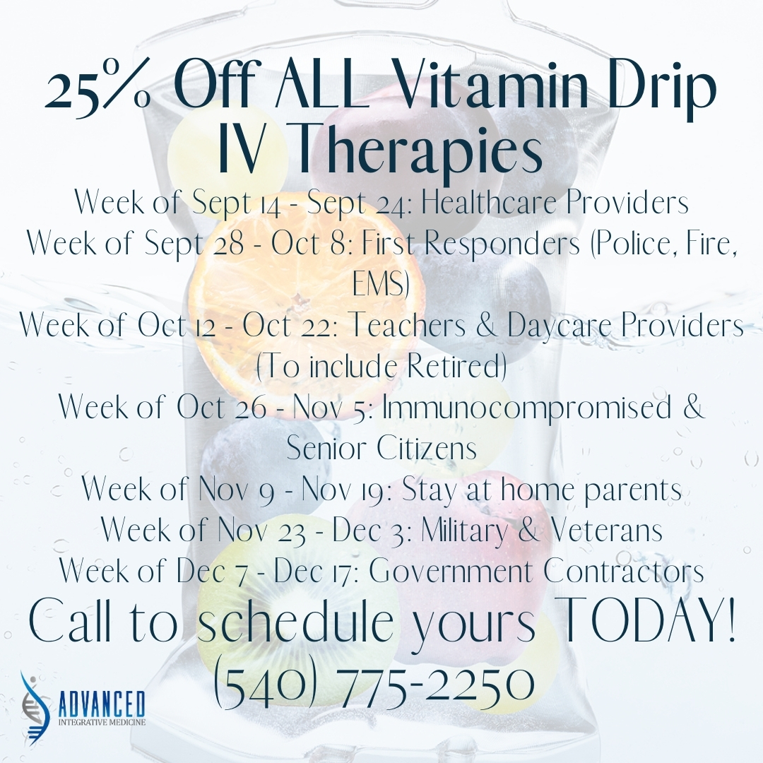 AdvancedIntegr5's tweet photo. Mark Your Calendars!!  Each 2 weeks leading up to Christmas we will be offering 25% off Vitamin Drip IV Therapy to specific groups!  Be sure to call to schedule yours now to insure there is availability! https://t.co/iQfndhvdZr