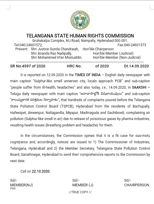 dunlop9's tweet photo. Thanks all for speaking out. Human Rights Commission has taken this suo-moto and asked Commissioner of Industries and MS of PCB to submit report by 22nd Oct. Thanks a tonne to @TOIHyderabad @UttaraVarmaTOI and all media friends and Twitterati! https://t.co/SCxORRd0Jn