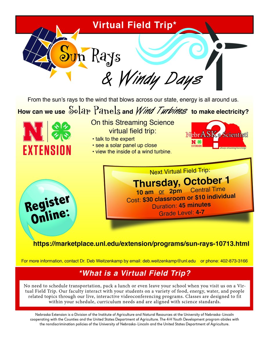 DebWeitzenkamp's tweet photo. Get your classroom set up to speak with an expert about alternative energy with Sun Rays &amp; Windy Days.  #NebExt #4h #STEM https://t.co/l9LKg1MoOq