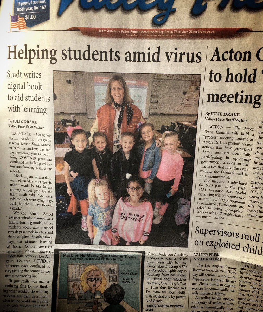 WUSDSchools's tweet photo. Did you see the #FrontPage of today's #AVPress? Westside teacher Kristin Studt gets great coverage about her book, Mask Or No Mask. GreatJob Kristin. We are so proud of you. #GivingThanks #Palmdale #Lancaster #QuartzHill #LeonaValley #DistanceLearning #SociallyDistantButNotAlone https://t.co/4Q2BrifJtp