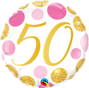 LousPartyDeals's tweet photo. 18" Foil Balloon Pink &amp; Gold Dots - Age 50 50th Birthday 
➤ £ 2.25. 
➤ https://t.co/mjMs1CHXfY https://t.co/RHpwsafCoe