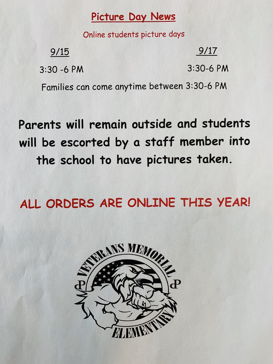Picture day is Tuesday and Thursday this week! For ONLINE students, please come those days between 3:30-6:00pm. All orders are ONLINE ONLY. Smile, and soar on! 😃🦅