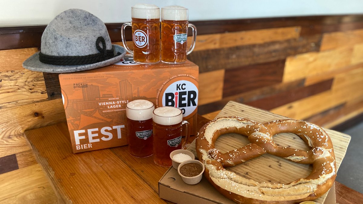 KCBierCo's tweet photo. ICYMI: #ProstinPlace #Oktoberfest take-home kits are now available! Includes case of Festbier, (4) .5L mugs & a 16 oz. Bavarian pretzel. Perfect for your socially-distanced, small-group hangs at home in your backyard, driveway or patio. Purchase here: https://t.co/OCLgiKAgir. https://t.co/RxMLFgZqZ9