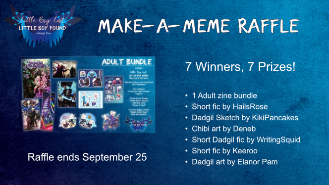 dadgilzineDMC's tweet photo. RAFFLE DETAILS

- Caption does not have to be DMC-related but must respect zine space rules (sfw, no bigotry, etc.)
- Winners will be determined at random
- Each winner will be contacted in turn and choose their prize
- Extra entry by participating on tumblr
- No giveaway account https://t.co/qbUgCS6vjn