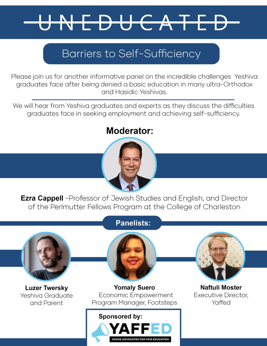 yaffedorg's tweet photo. Please join us for another informative panel on the incredible challenges Yeshiva grads face after being denied a basic education in many ultra-Orthodox and Hasidic Yeshivas.
Thursday, September 17th, @ Noon
Register:
https://t.co/xvpcwgKwcN
#YeshivaGate
#SubstantialEquivalency https://t.co/NpMVzt7zpe