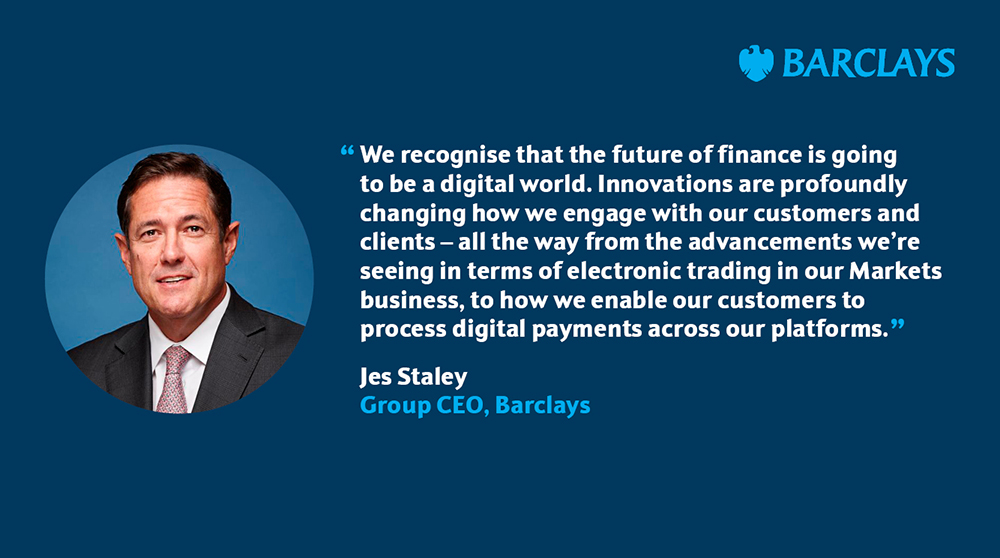 BarclaysCIB's tweet photo. Jes Staley, Barclays Group CEO, noted that #digital innovation will play an even more critical role in the #FutureofFinance, accelerated by #COVID-19, when speaking at our virtual #BarcFinancials conference today. https://t.co/7UMQdS0Ft3