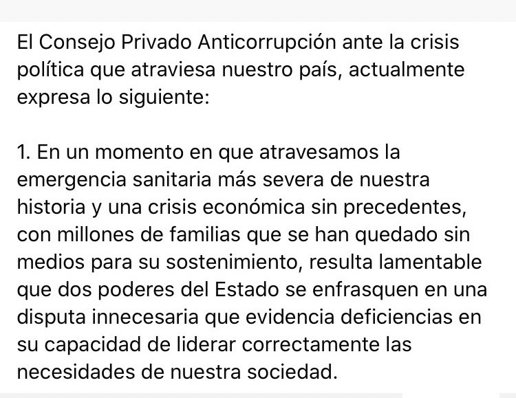 PrivadoConsejo's tweet photo. Ante la #crisis actual en el #Peru, el Consejo Privado Anticorrupción declara lo siguiente: https://t.co/2GIJ5aCY3Y