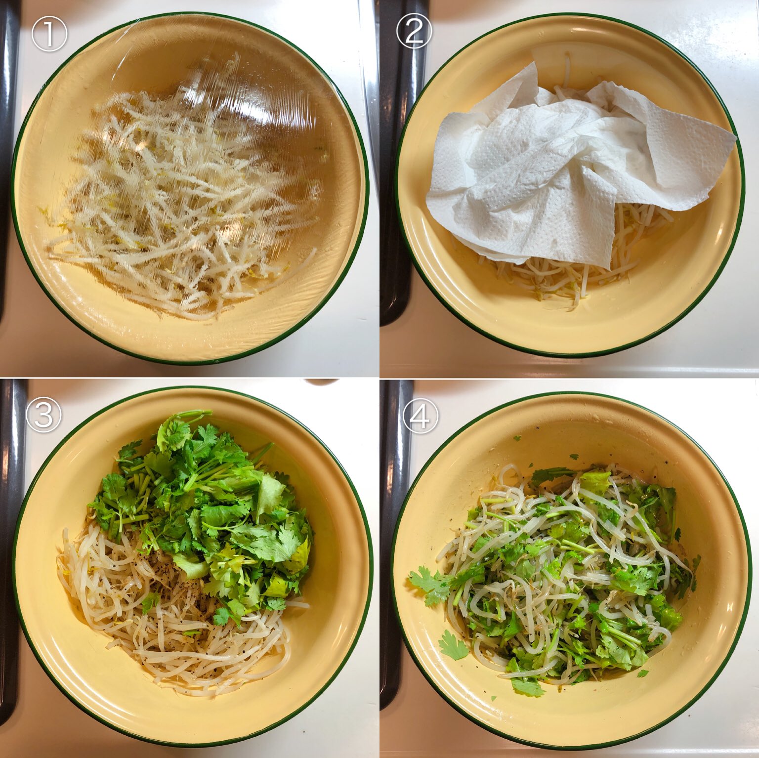 おりえ 味決まった お気に入り決定 もやしと香菜のサラダ もやし1袋を500wで4分チン 水気を切る 香菜 鶏ガラ顆粒小さじ1 胡麻油小さじ2 サラダ油小さじ2 ニンニクチューブ3cm 粗挽き胡椒適量 塩少々を加える ふんわりと混ぜて盛り付ける
