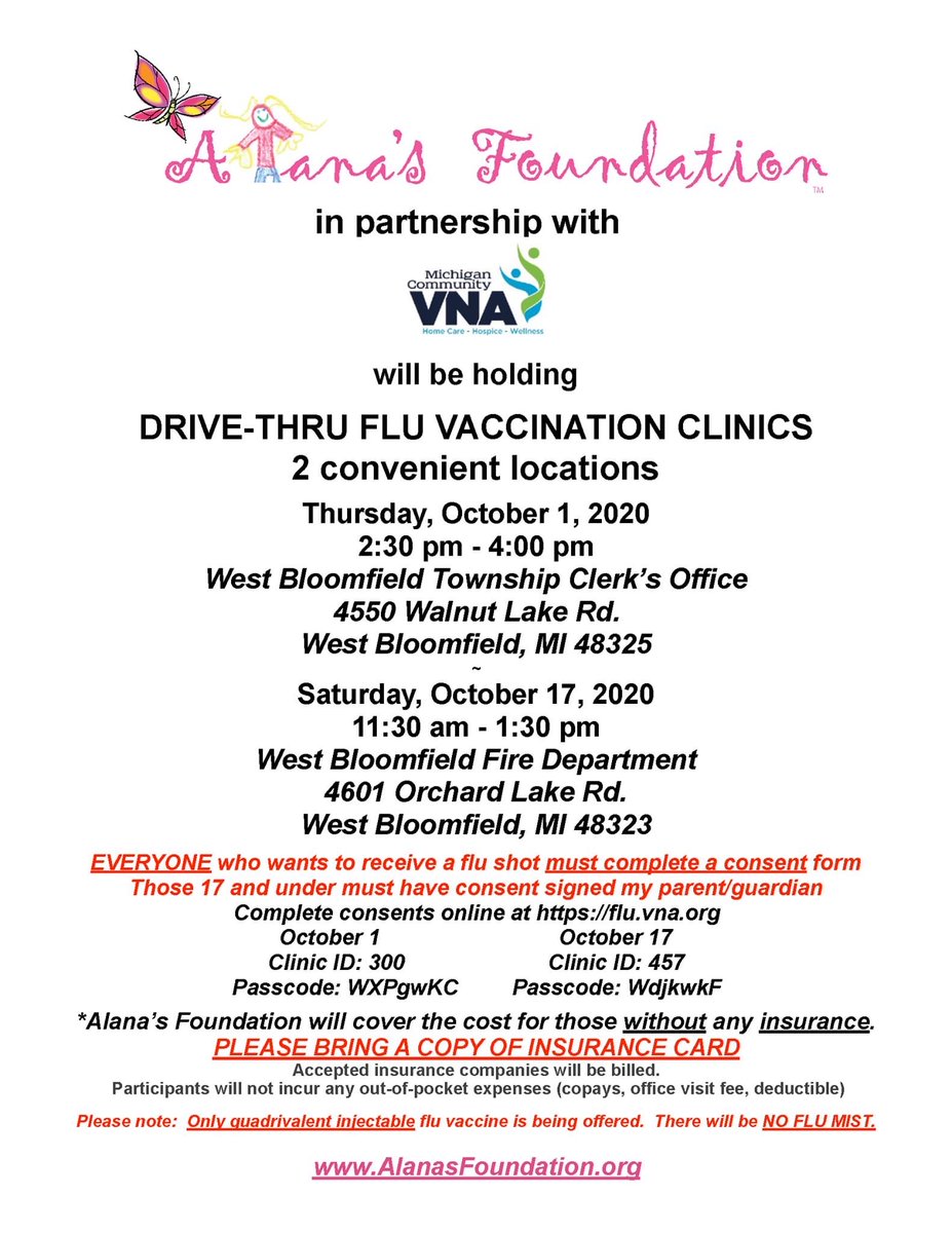 WBClerk's tweet photo. We've got you covered!!!

Alana's Foundation, in partnership with the Michigan Visiting Nurses Association, will be offering two drive-thru flu shot clinic opportunities.  

You do NOT have to be a WB resident! https://t.co/A8JYLwGiFW