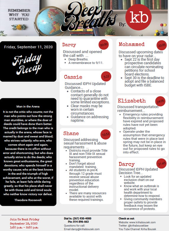 krihabouceklaw's tweet photo. Presenting the Sept. 11th KB Friday Recap!

Hear about #IDPH updated guidance, addressing sexual harassment and abuse #requirements, upcoming dates to have on your radar, #transportationReimbursement, and the IDPH decision tree. 

https://t.co/aFAqMDMG4N

#IllinoisSchools #Edu https://t.co/7eY0WoGzp9