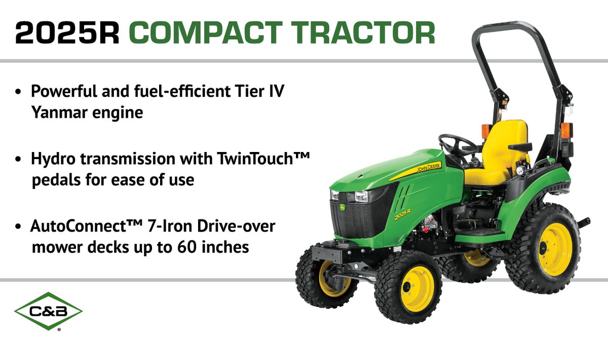 candboperations's tweet photo. The John Deere 2025R compact tractor has the versatility to tackle any project, and the power to make quick work of it. Click here for more https://t.co/15ry72gKJT.
.
.
.
#2025R #compacttractor #johndeere #candboperations #johndeere #RTAG #powerofcandb #realtractorsaregreen https://t.co/Uag7NJYO0K