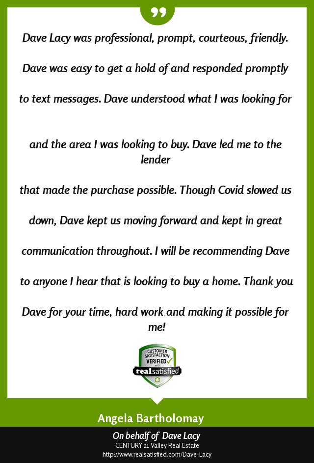 DaveLacy's tweet photo. I’m truly honored to have helped this client.  https://t.co/cu2PA02csX via @realsatisfied https://t.co/uPo33cktrS