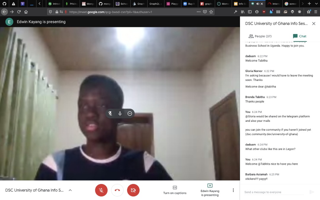 gdsc_ug's tweet photo. Yaaay we had our first session ( info session) over weekend and we excited 😁 about the turn out. We can't wait for our next session.
#DeveloperStudentClubs #DSCUG https://t.co/j5o7nwbTEp