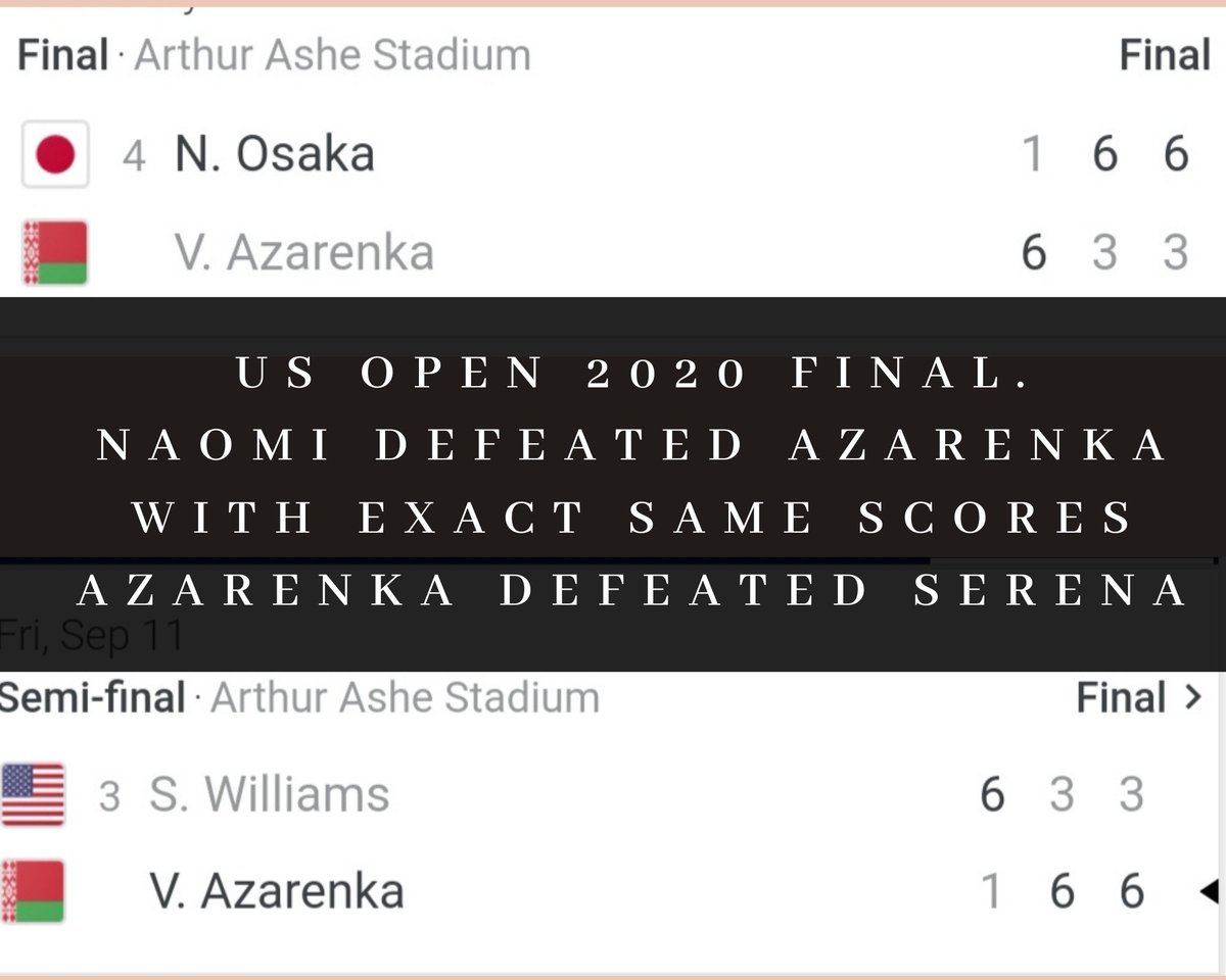 omosandra's tweet photo. Surreal that @naomiosaka defeated @vika7 in the @usopen finals wth the exact same scores @vika7 beat @serenawilliams in the semi-finals. Thats some sweet revenge for her "Tennis mom" @serenawilliams 
#USOpen #tennis #NaomiOsaka #SerenaWilliams #azarenka https://t.co/5ACiZMVbkl