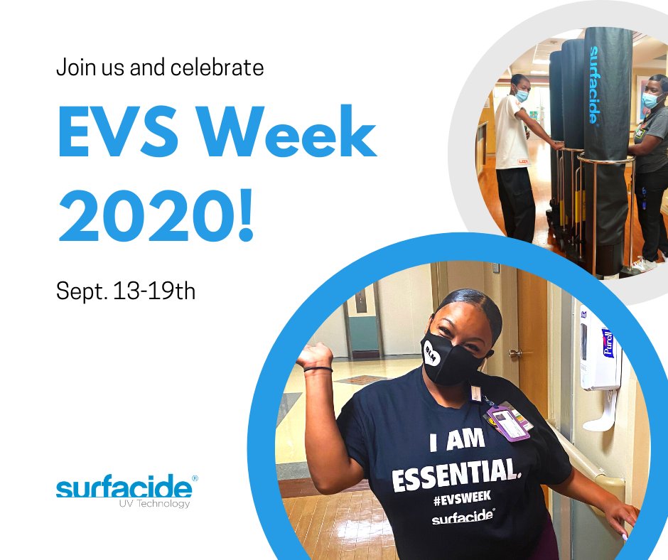 SurfacideUVC's tweet photo. Join us and celebrate EVS Week 2020! This week we recognize the crucial role that EVS workers play in today's society, helping combat COVID-19. Submit photos of your EVS team with #EVSWeek2020, #surfacide or #IAmEssential for a chance to be featured on our social media or blog. https://t.co/AJ1w9VKp51