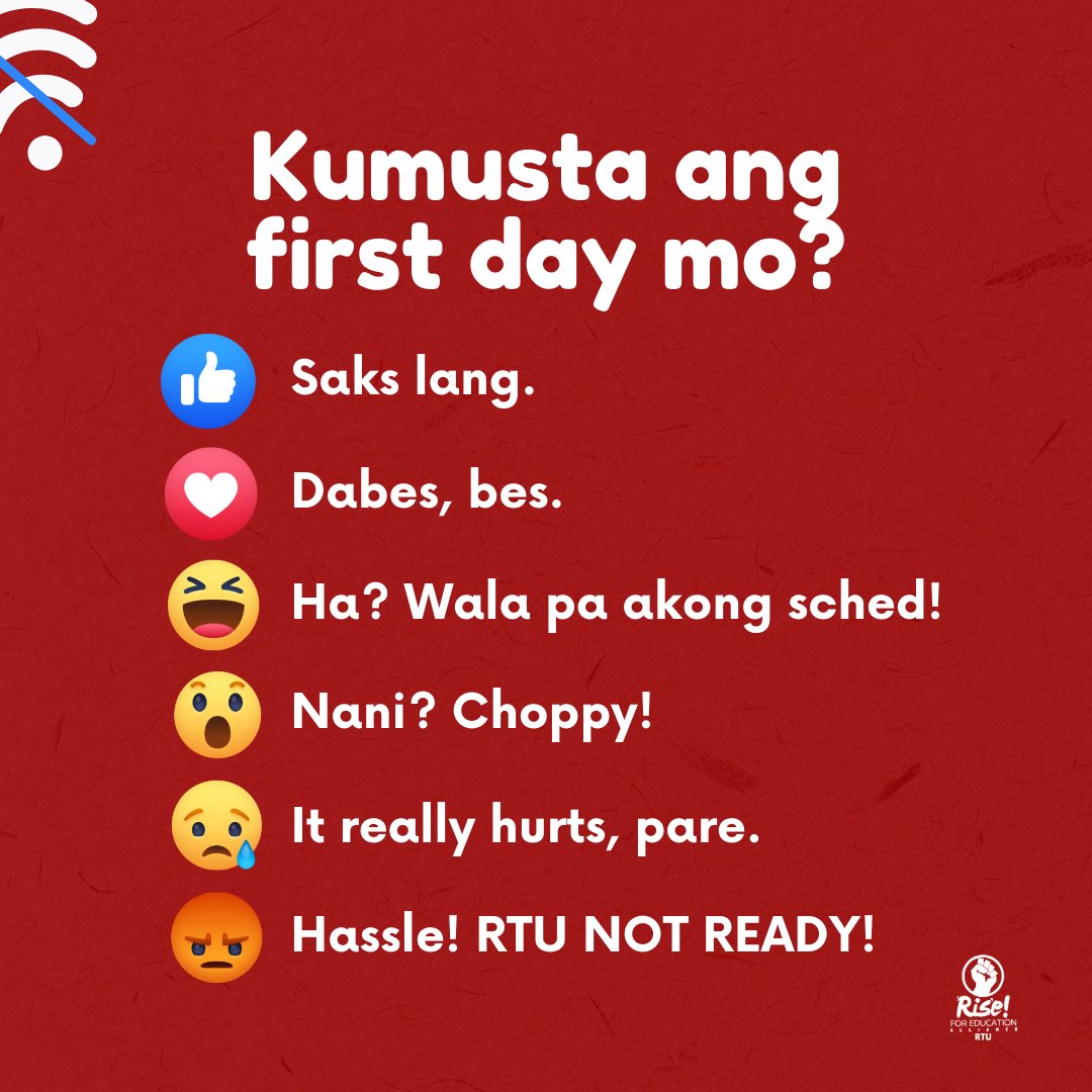 R4ERTU's tweet photo. Bhie, anong kwentong first day mo?
Quote tweet your reaction!
Ibahagi ang iyong mga hinaing, reklamo o panawagan sa replies o magpadala ng sa amin ng mensahe!
Maari mo ring i-tweet ang iyong naging karanasan gamit ang:
#RTUNotReady
#WalangIwananRTU
#PushFor7RizalistaDemands https://t.co/GqWtJBAy2p