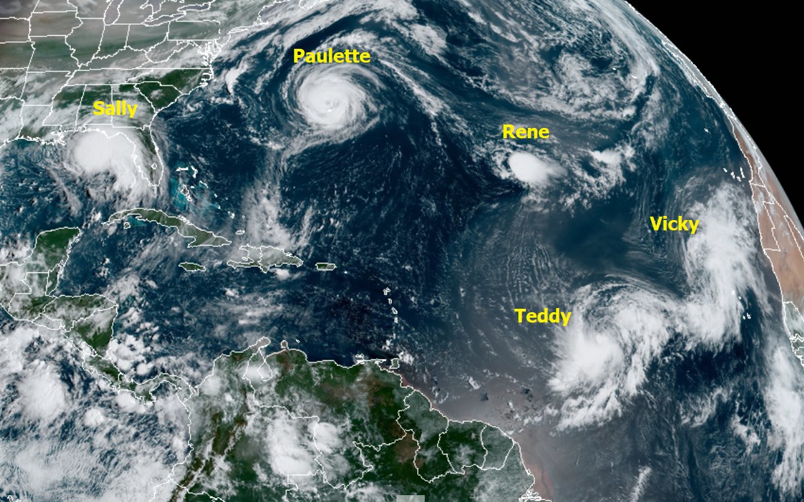 metofficestorms's tweet photo. There are now five Atlantic tropical cyclones from tropical depression to hurricane strength active simultaneously. This has only happened once before on record in 1971. #Paulette #Rene #Sally #Teddy #Vicky https://t.co/WXwDwYr7W3