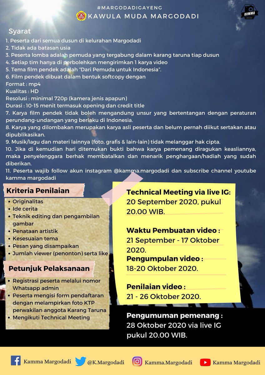 KMargodadi's tweet photo. Dalam rangka menyambut dan memperingati hari sumpah pemuda, KAMMA mengadakan perlombaan SHORT MOVIE dengan tema DARI PEMUDA UNTUK INDONESIA...
Awi gayengken lur ajar dadi artis sopo reti dusunmu menang juk koe dadi artis tenan😂
Syarat dan ketentuan👇👇👇 https://t.co/J35IdC8qok