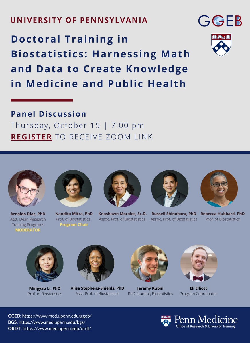Doctoral Training in #Biostatistics: Harnessing #Math and Data to Create Knowledge in Medicine and Public Health. Join us for a virtual panel discussion on Oct 15 at 7 pm. Register ➡️ forms.gle/kZQujVLJ6HwMoV… @PennMedicine @PennGGEB @pennbgs @ORDTUPenn #phdchat #publichealth