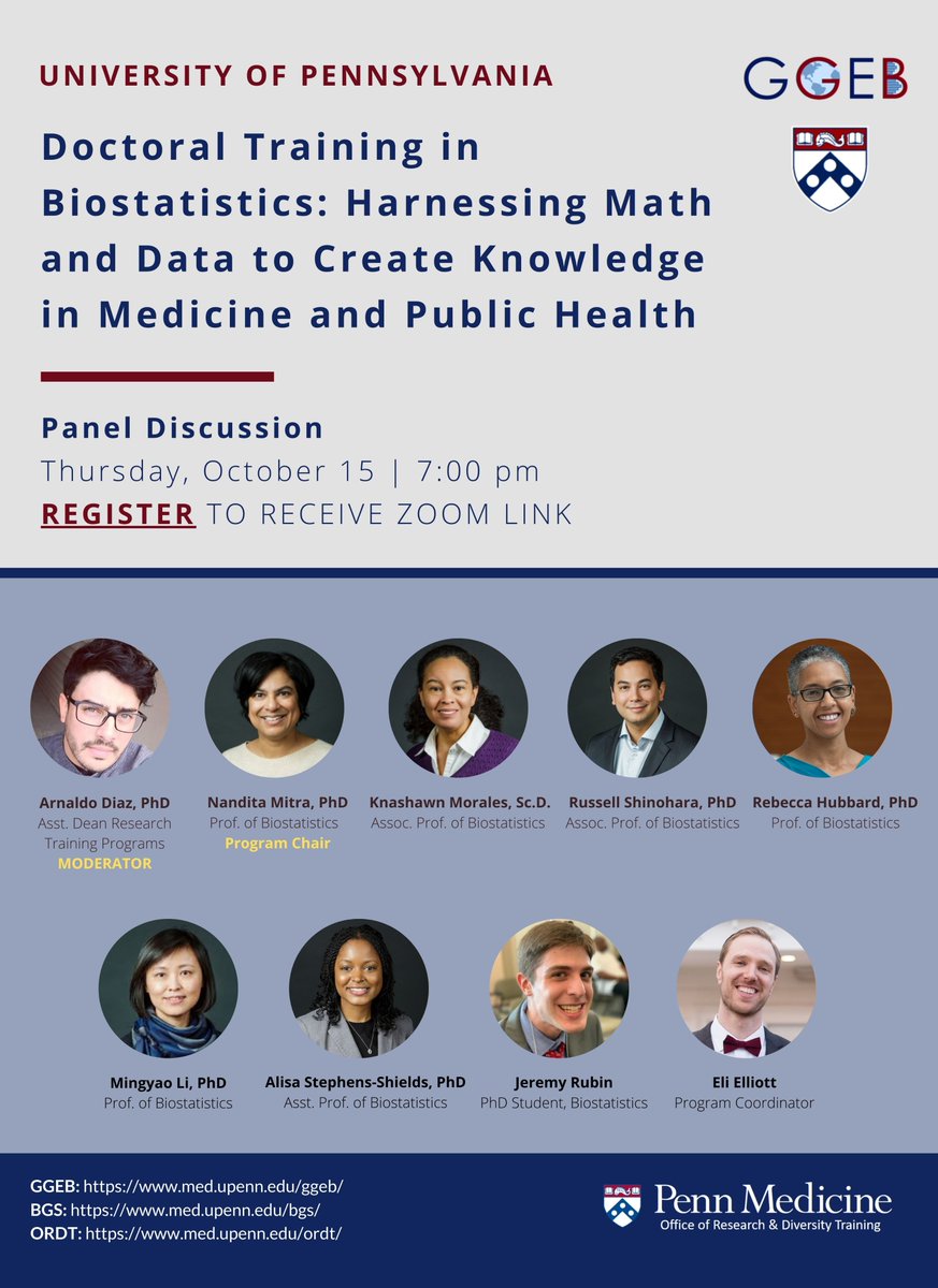 Doctoral Training in #Biostatistics: Harnessing #Math and Data to Create Knowledge in Medicine and Public Health. Join us for a virtual panel discussion on Oct 15 at 7 pm. Register ➡️ forms.gle/kZQujVLJ6HwMoV… <a href="/PennMedicine/">Penn Medicine</a> <a href="/PennGGEB/">Penn GGEB</a> <a href="/pennbgs/">Penn BGS</a> @ORDTUPenn #phdchat #publichealth