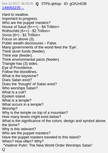 The media is not happy that tens of millions of  #qanon followers around the world are pushing the 'debunked' conspiracy theory that the elites worship Lucifer, engage in child sacrifice and other unspeakable things. Q post #133 refers.