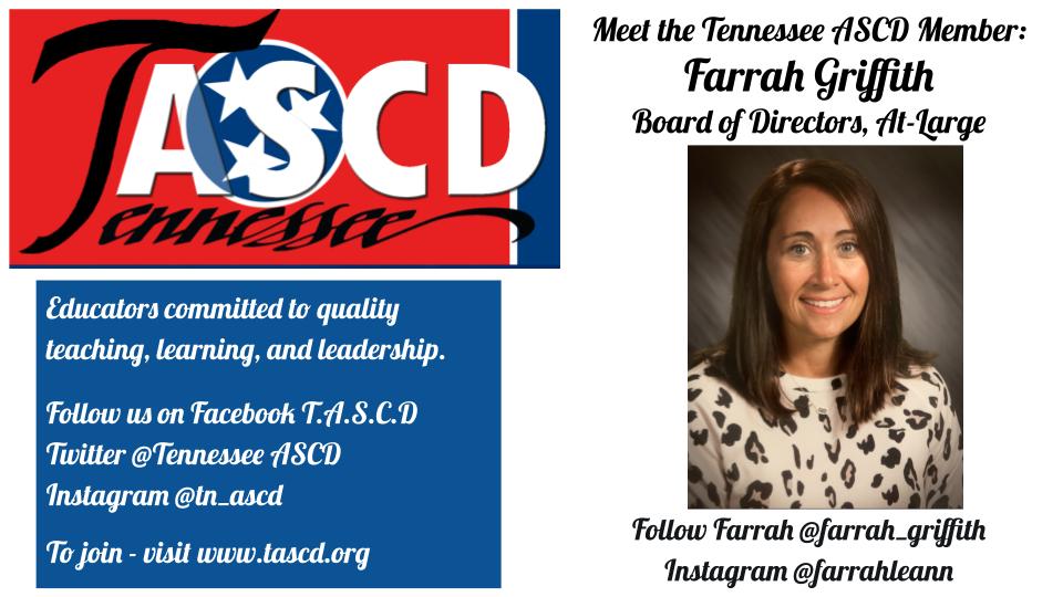 TennesseeASCD's tweet photo. Meet TASCD Board Member, At-Large, Farrah Griffith, Principal, White County Middle School, White Co Schools. She’s passionate about loving kids and giving each one every opportunity possible to excel in life. 
Follow Farrah --> @farrah_griffith https://t.co/dQfS6mvNKx
