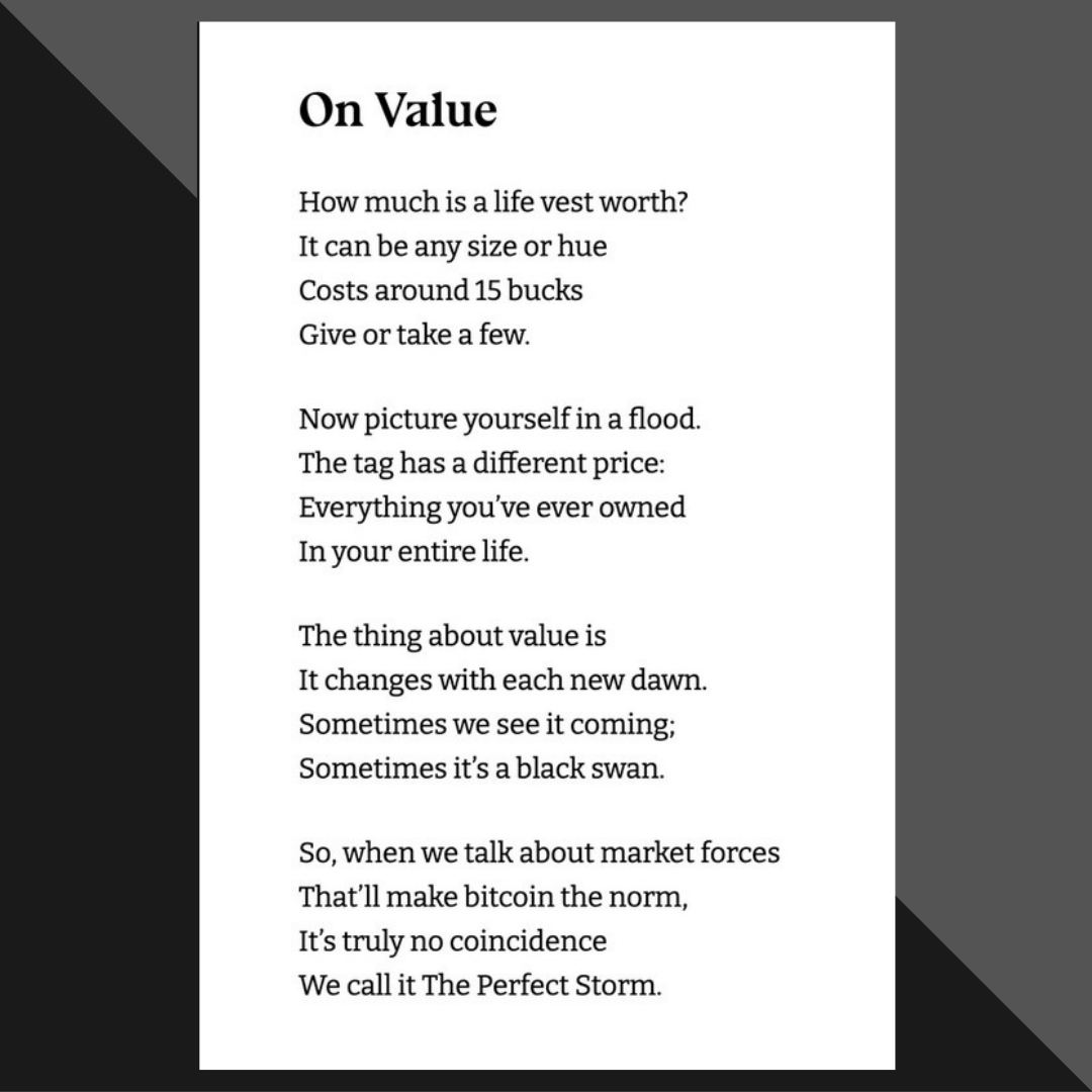 TradedogCrypto's tweet photo. "On Value" a Bitcoin poem by Soona Amhaz...........Must Read👇👇

Follow us to get daily Technical Analysis and Latest Updates about the Cryptocurrency Industry and much more stuff😍.

#cryptoworld #cryptomeme #tradedog #sniffcrypto #dmr #bitcoinprice #cryptotrader #btcadoption https://t.co/CuXo1rbSzo