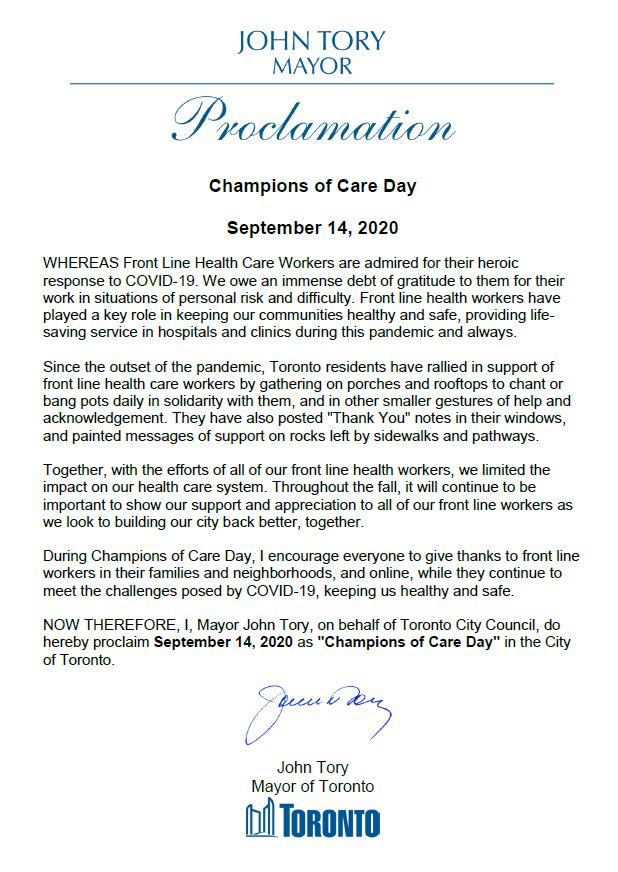 JohnTory's tweet photo. Proud to proclaim today as Champions of Care Day. I encourage everyone to give thanks to front line workers in their families and neighborhoods, and online, while they continue to meet the challenges posed by #COVID19, keeping us healthy and safe. #ShareTheCare https://t.co/qNRLoRAPZI