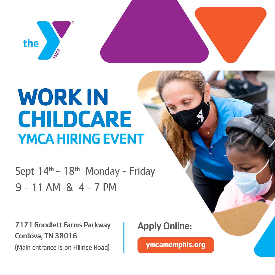 You Make a Difference Working at the YMCA. Apply on line: ymcamemphis.org/workinchildcare
👉Open Interviews:  Sept 14-18 Mon-Fri 
                                   9am-11am and 4pm-7pm  
🏢 7171 Goodlett Farms Parkway