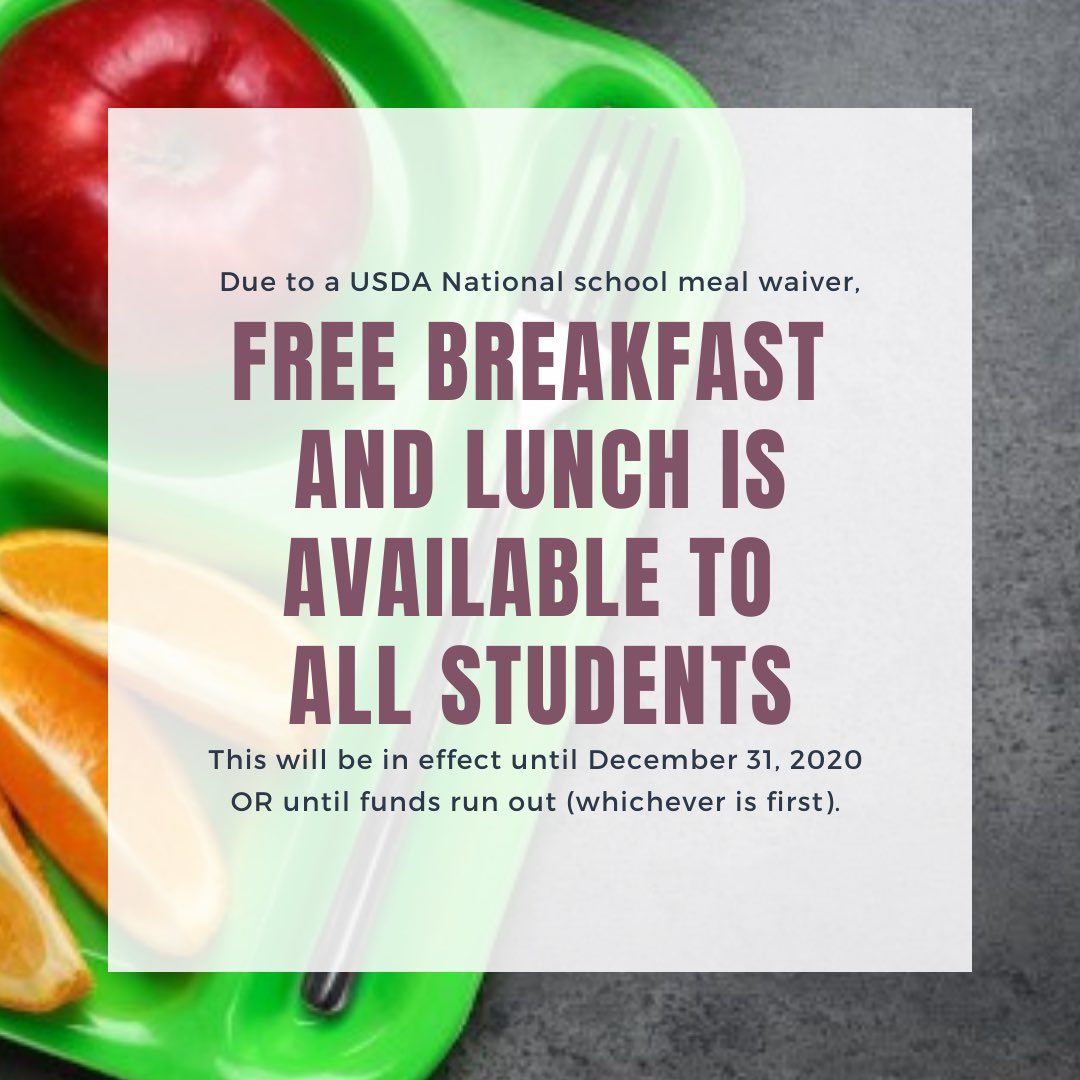 myCCSCafe's tweet photo. FREE meals for ALL students! 
.
.
Meals must meet existing USDA guidelines which include an entree, fruit, vegetable and milk. The meal must include at least 3 components and one must be a fruit or vegetable choice 🍎🥦🍇🥒 https://t.co/blpIefyZDT