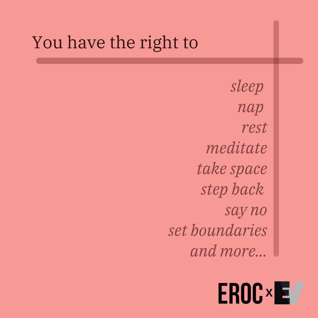EndRapeOnCampus's tweet photo. Know that you have the right to
Sleep
Nap
Rest
Meditate
Take space 
Step back
Say no 
Set boundaries
And more…

#ReclaimRedZones #ReclaimRest https://t.co/q9uo8TWDIP