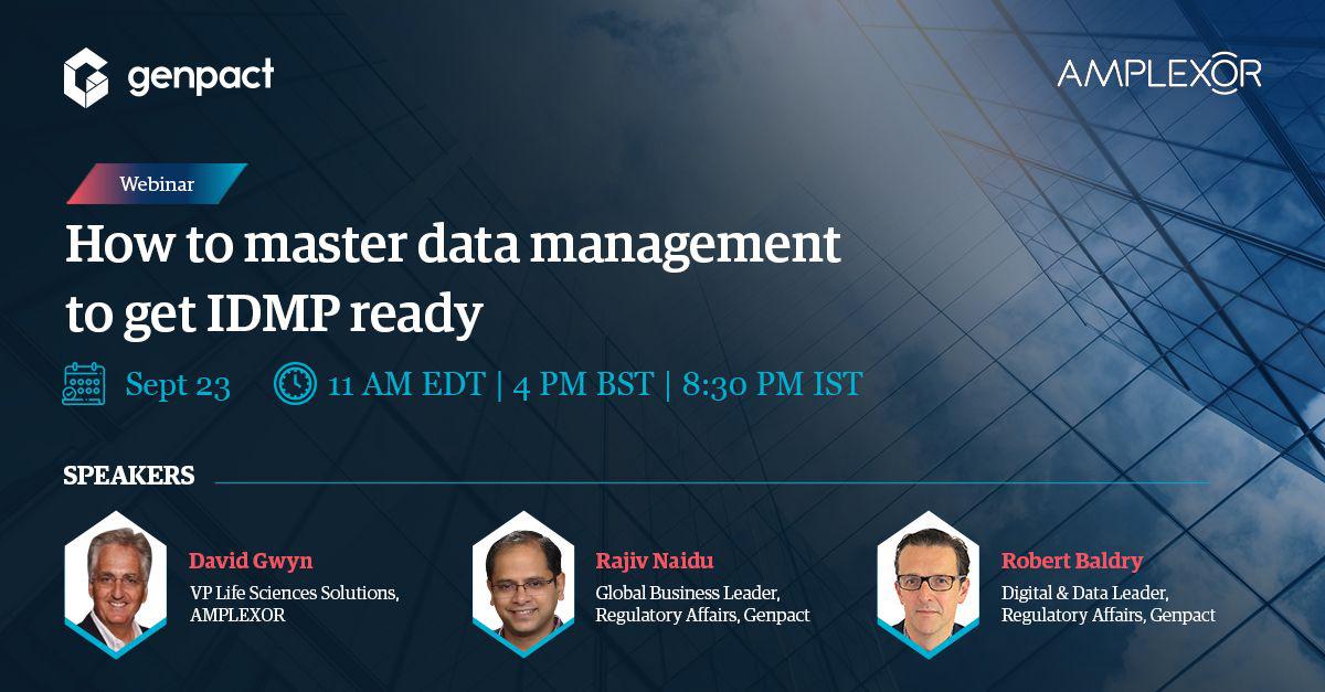 JeebanRath's tweet photo. Master data management and technology selection to get IDMP ready. Join ours Rajiv Naidu and Robert Baldry and AMPLEXOR International’s David Gwyn to learn how. https://t.co/5GIhygFUx6 https://t.co/LxRF0ymnvU