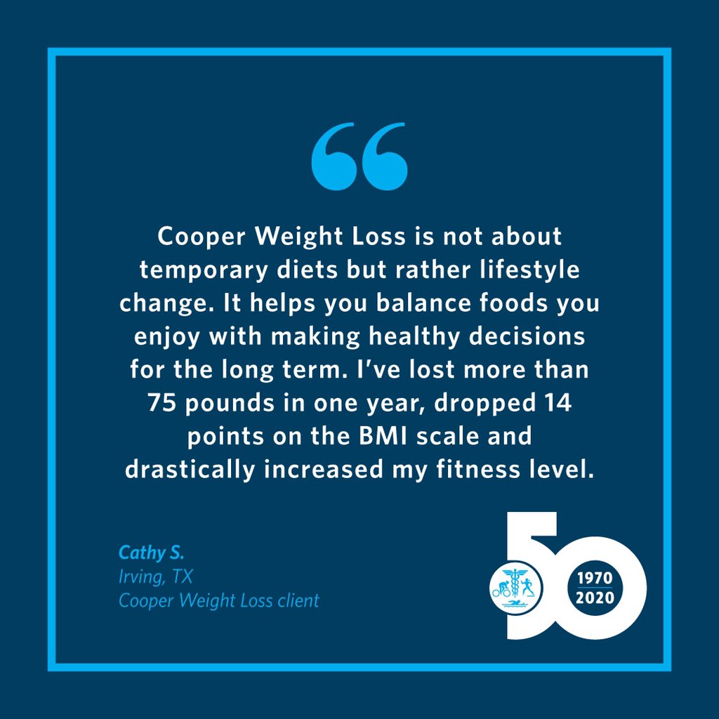CooperAerobics's tweet photo. 75 lbs. in one year. Learn how Cathy was able to make long-term lifestyle change and lost weight thanks to #CooperWeightLoss.
#motivationmonday #cooperclinic #healthyweightloss #medicallysupervised #virtual #nutrition #healthylifestyle #health #wellness #Weightloss https://t.co/kpLOVegOdY